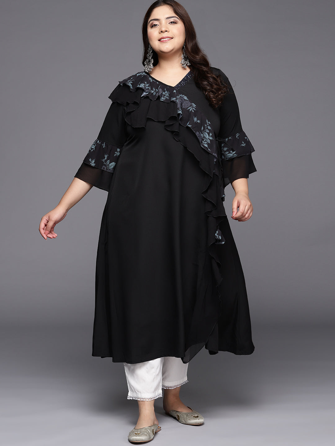 Black Floral Printed Plus Size Kurta