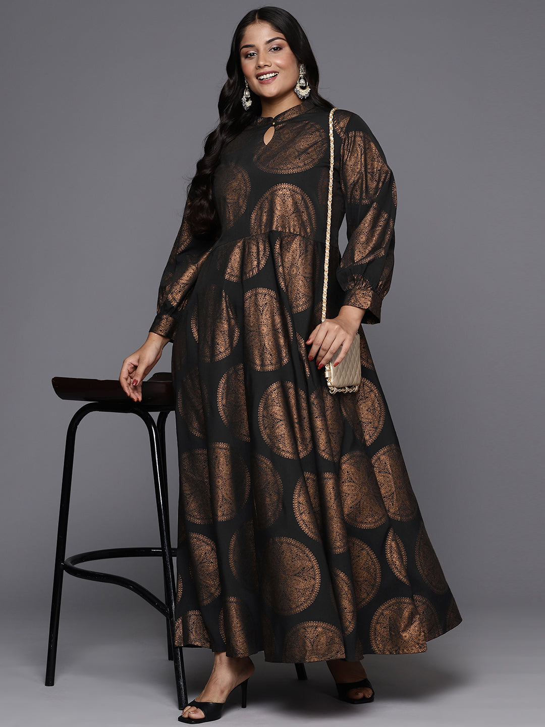 Black Copper Printed Plus Size A line Maxi Dress