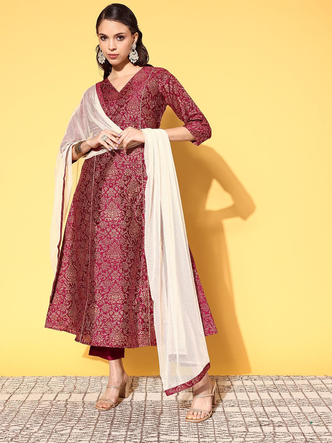 Wine Colour Poly Silk Gold Paste Printed Kurta Pant Set