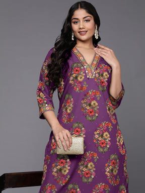 Plus Size Floral Printed Straight Sequinned Kurta with Trousers