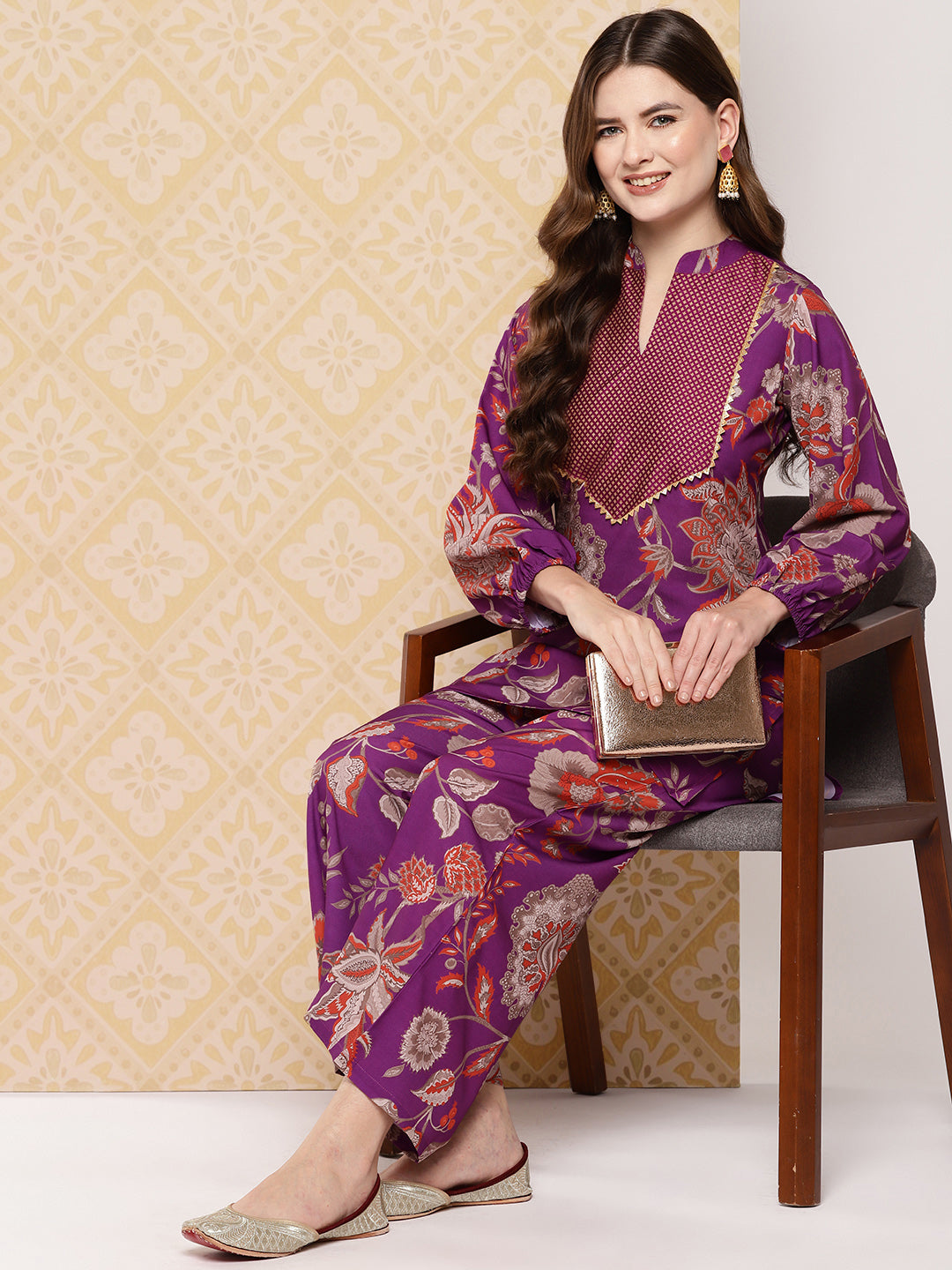 Purple Floral Printed Ethnic Tunic with Palazzos