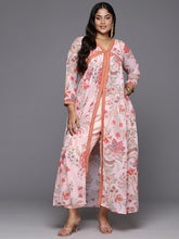 Pink Floral Printed Plus Size High Slit Kurta with Trousers