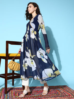 Navy Blue Floral Printed Gotta Patti Georgette Kurta