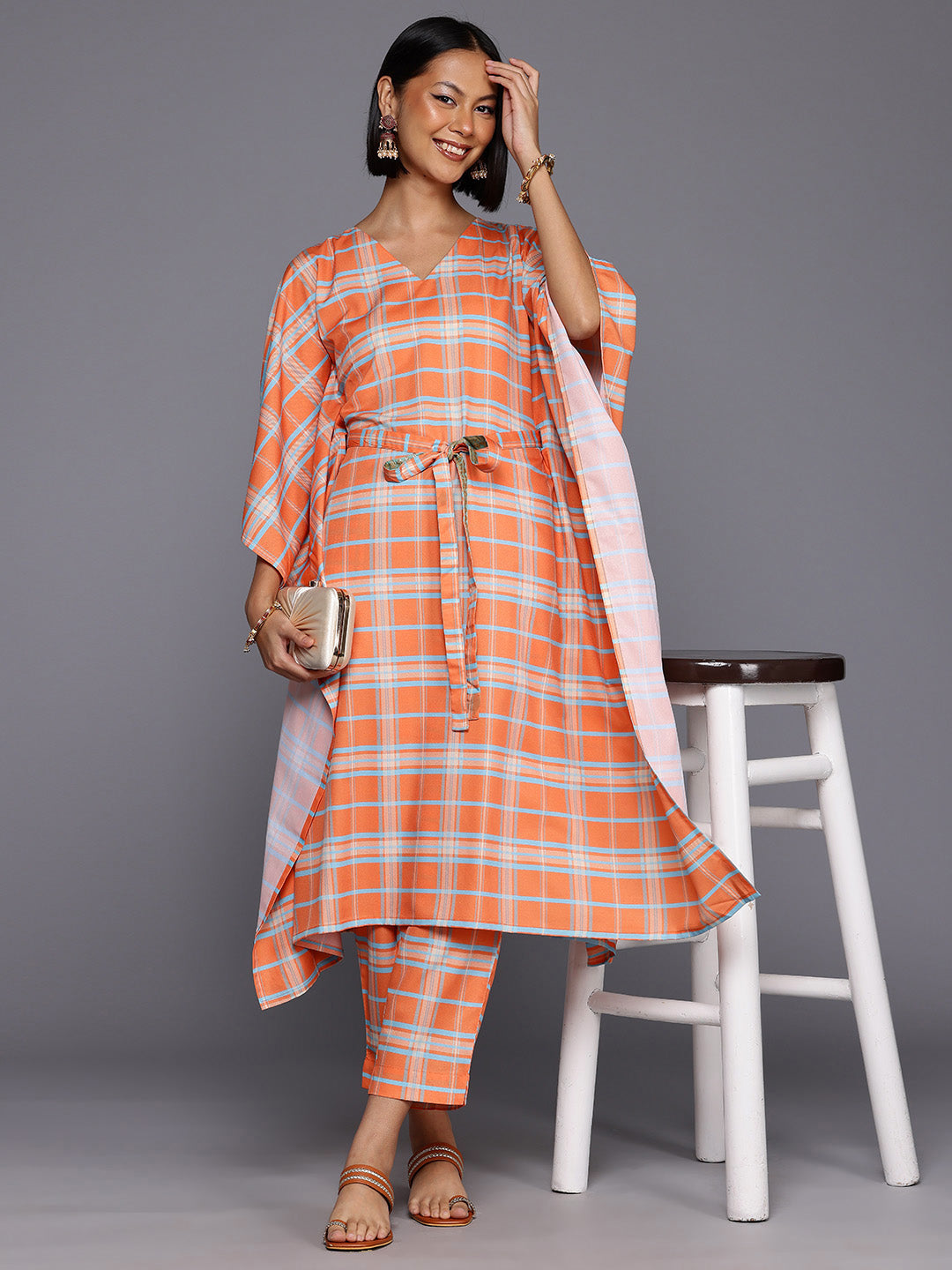 Women Checked Kaftan Kurta Set