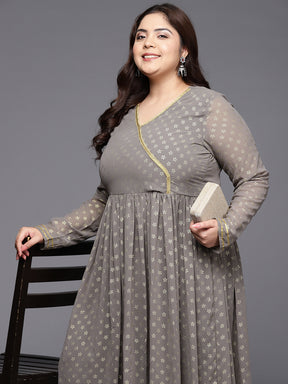 Grey Printed Plus Size Angrakha Kurta with Palazzos