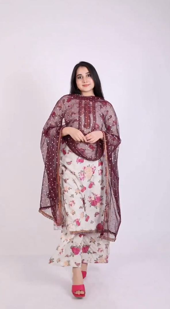 Beige Floral Printed Regular Gotta Patti Kurta with Palazzos & With Dupatta