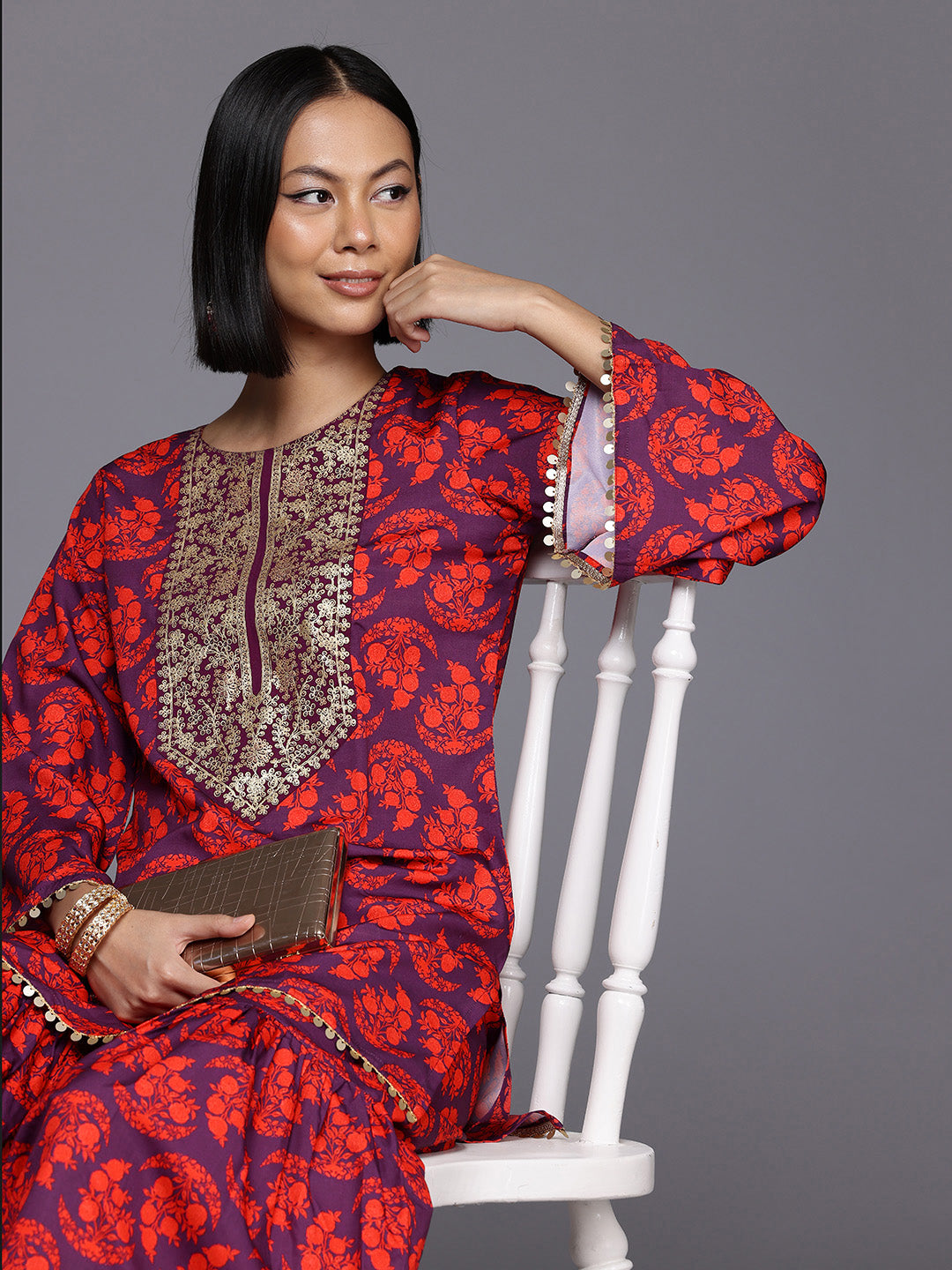 Floral Printed Pleated Kurti with Sharara