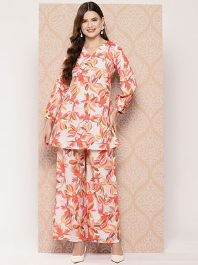 Off White & Orange Printed Ethnic Tunic with Palazzos