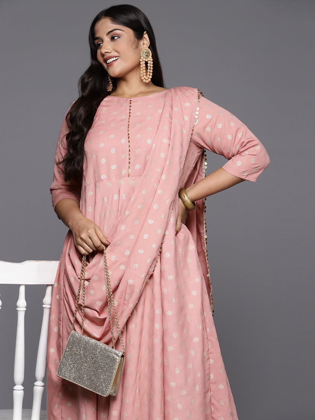 Pink color Printed Maxi Gown With Dupatta Attractive Party Wear Gown