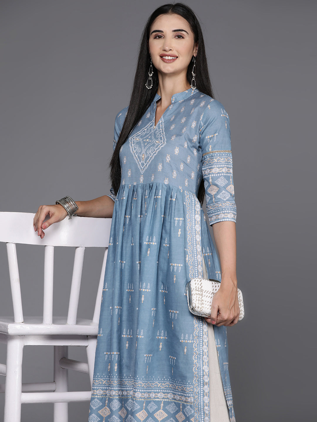 Blue & White Printed Pure Cotton Kurta