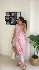 Pink Floral Printed Panelled Gotta Patti Pure Cotton Kurta with Trousers