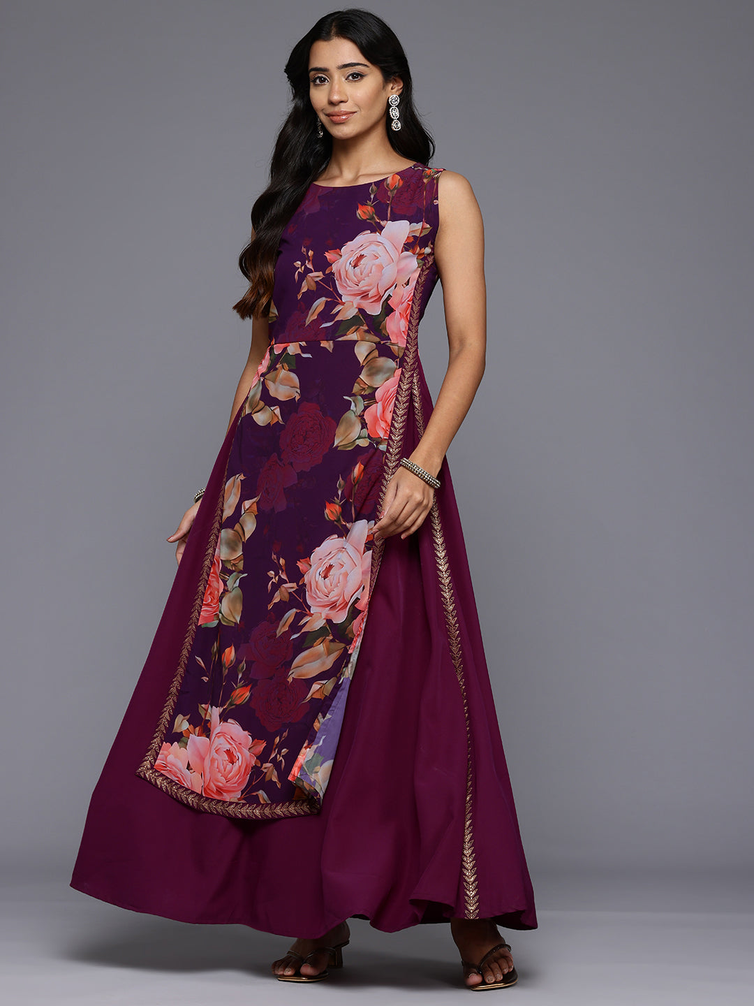 Floral Printed Boat Neck Layered Maxi Gown