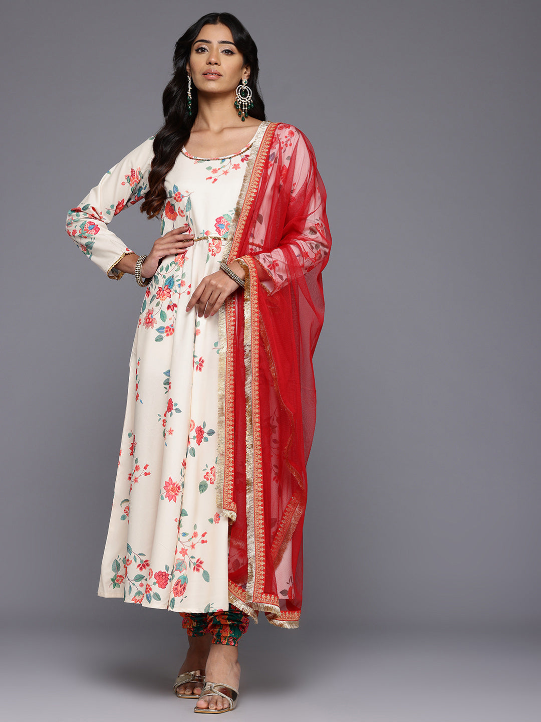 Floral Printed Pleated Sequinned Kurta With Churidar & Dupatta