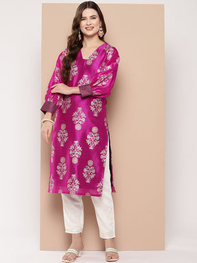 Pink & Gold Toned Block Print Kurta