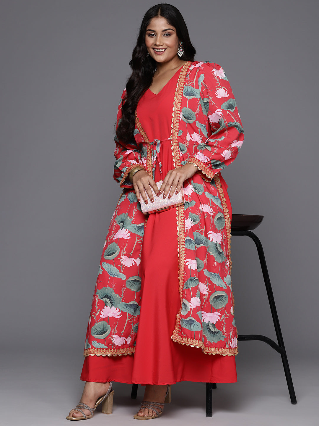 Red Plus Size Floral Printed Layered A-Line Maxi Dress