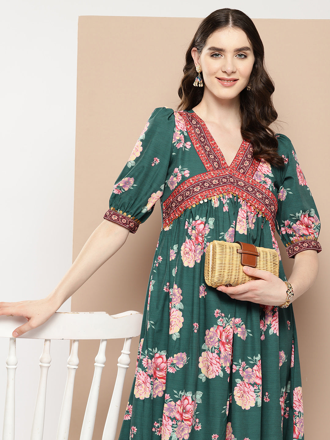 Green Floral Printed Empire Ethnic Dress