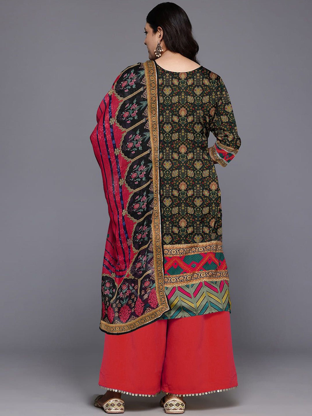 Floral Printed Round Neck Straight Kurta With Palazzos & Dupatta