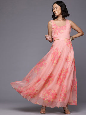 Floral Printed Gotta Patti Organza Ethnic Gown