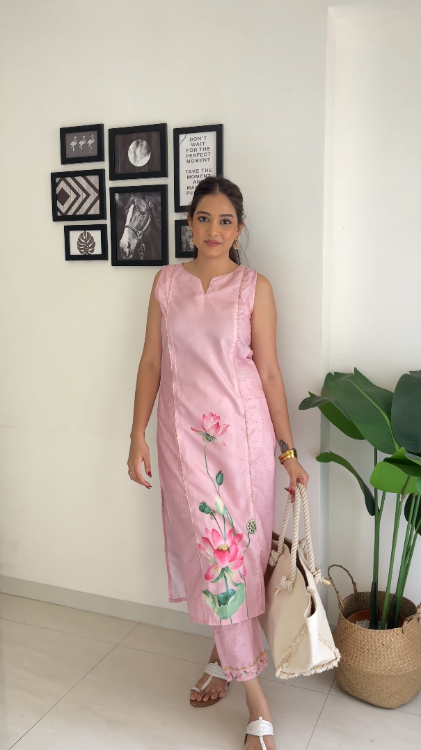 Pink Floral Printed Panelled Gotta Patti Pure Cotton Kurta with Trousers