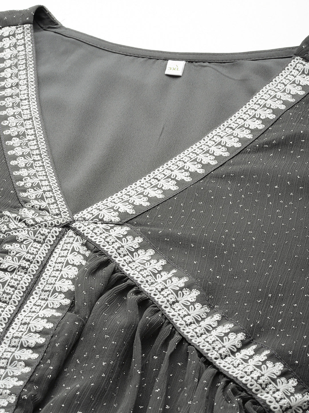 Grey Glitter Printed Plus Size High Slit Kurta with Trousers