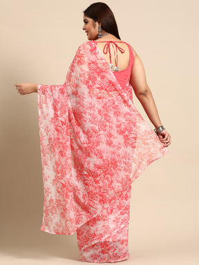 Coral Plus Size Floral Poly Chiffon Saree