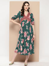 Green Floral Printed Empire Ethnic Dress