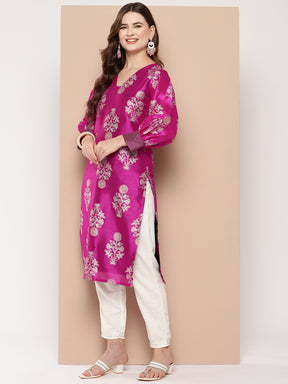 Pink & Gold Toned Block Print Kurta