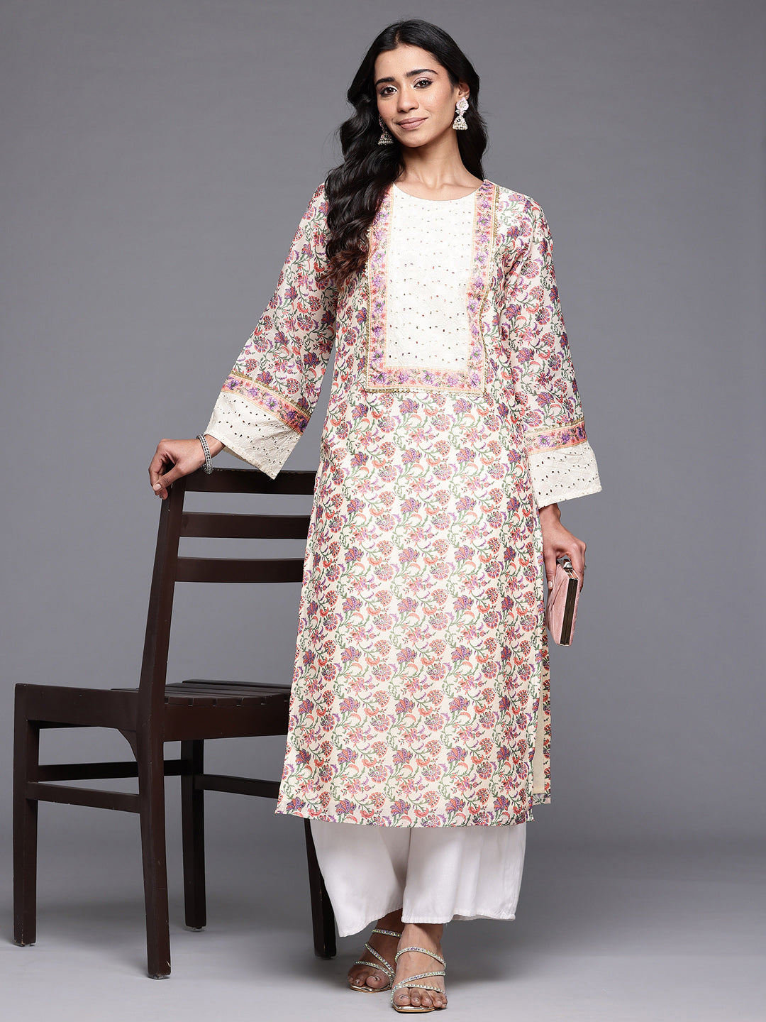 Ahalyaa Floral Printed Flared Sleeves Sequinned Kurta