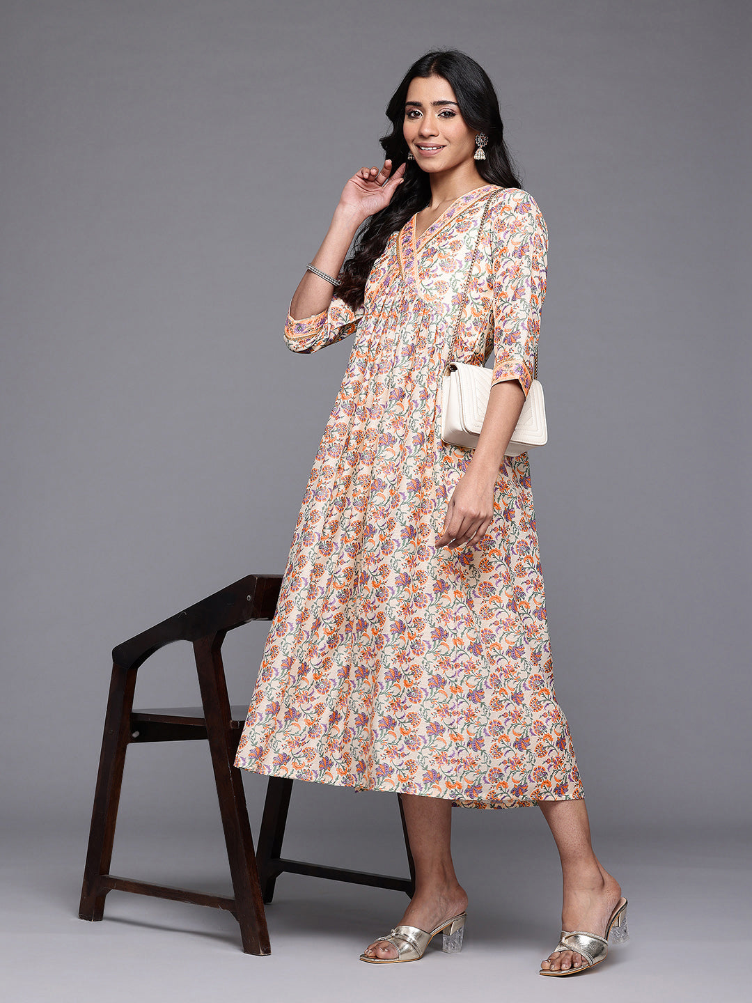 Ahalyaa Floral Printed Chanderi Midi Empire Ethnic Dress with Sequined Detail