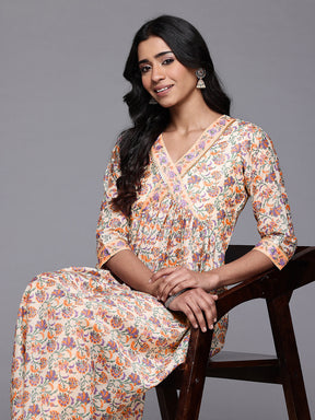 Ahalyaa Floral Printed Chanderi Midi Empire Ethnic Dress with Sequined Detail