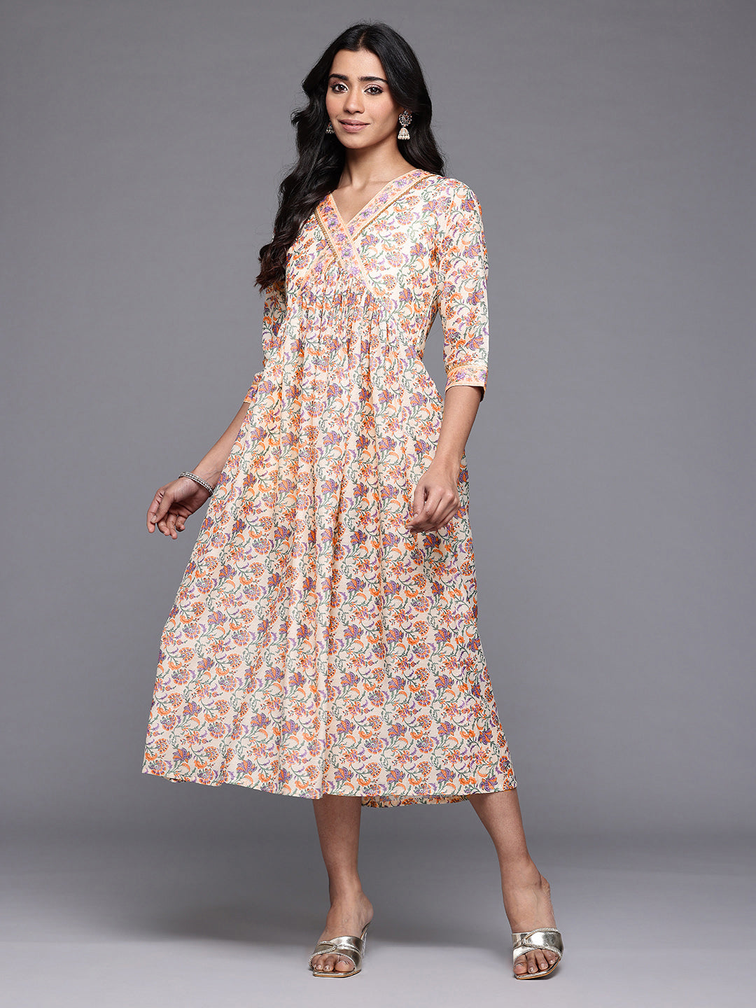 Ahalyaa Floral Printed Chanderi Midi Empire Ethnic Dress with Sequined Detail