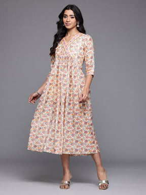 Ahalyaa Floral Printed Chanderi Midi Empire Ethnic Dress with Sequined Detail