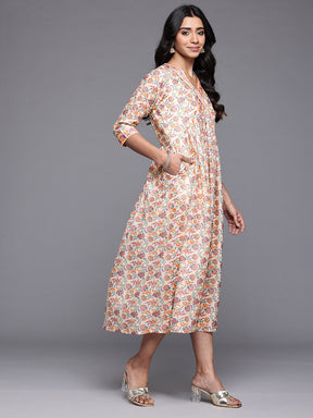 Ahalyaa Floral Printed Chanderi Midi Empire Ethnic Dress with Sequined Detail