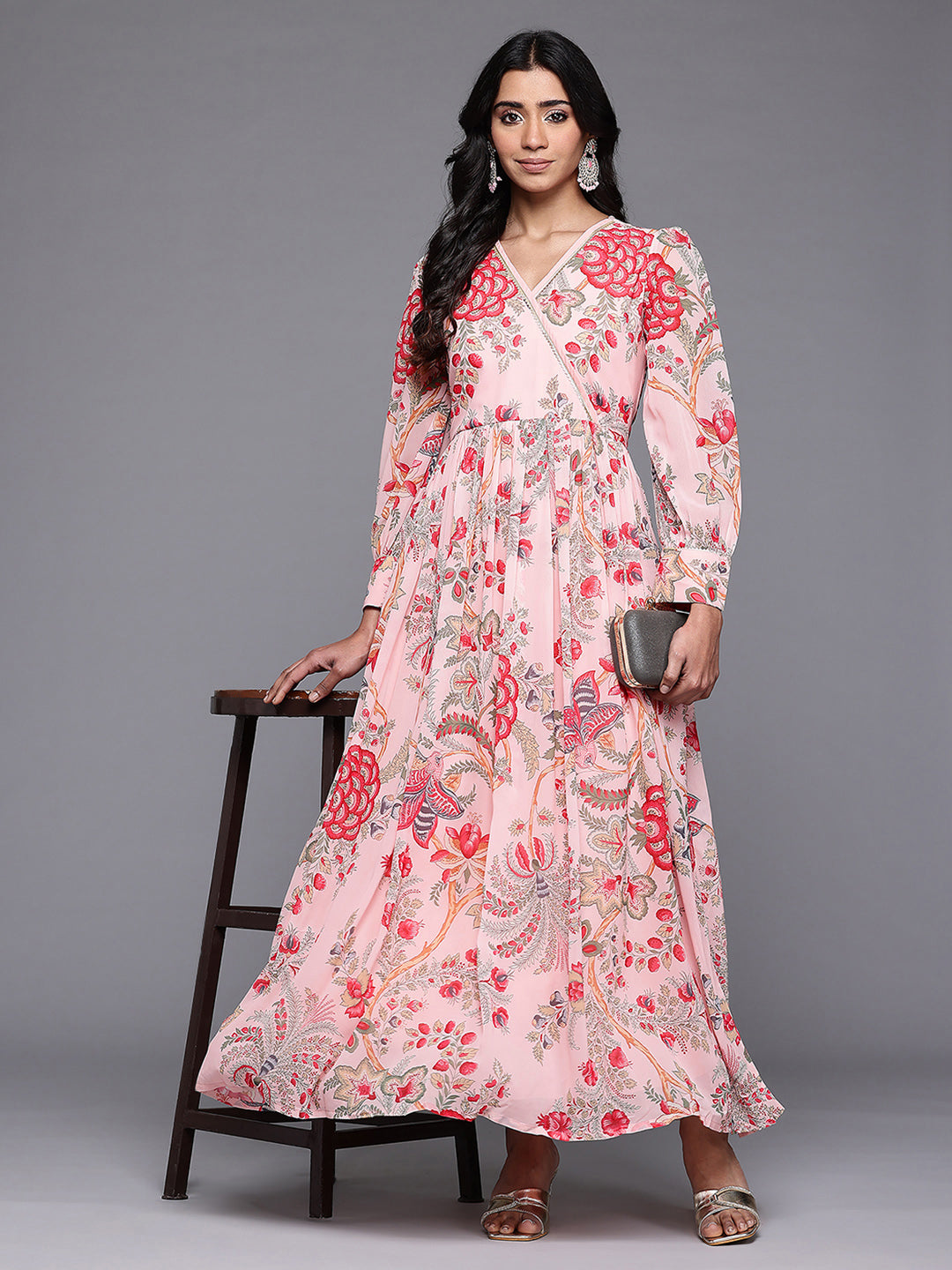 Ahalyaa Floral Printed Puff Sleeves Maxi Wrap Ethnic Dress with Gotta Patti Detail