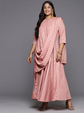 Pink Printed Plus Size A-Line Maxi Dress with Dupatta