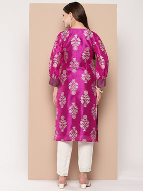 Pink & Gold Toned Block Print Kurta