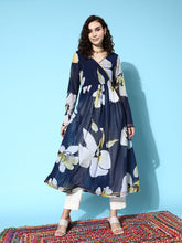 Navy Blue Floral Printed Gotta Patti Georgette Kurta