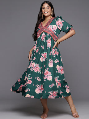 Green & Pink Plus Size Floral Printed A-Line Midi Dress