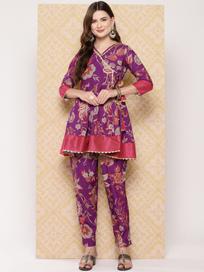 Purple Printed Ethnic Tunic with Trousers