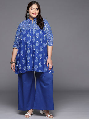 Blue Printed Plus Size Pure Cotton Tunic with Palazzos