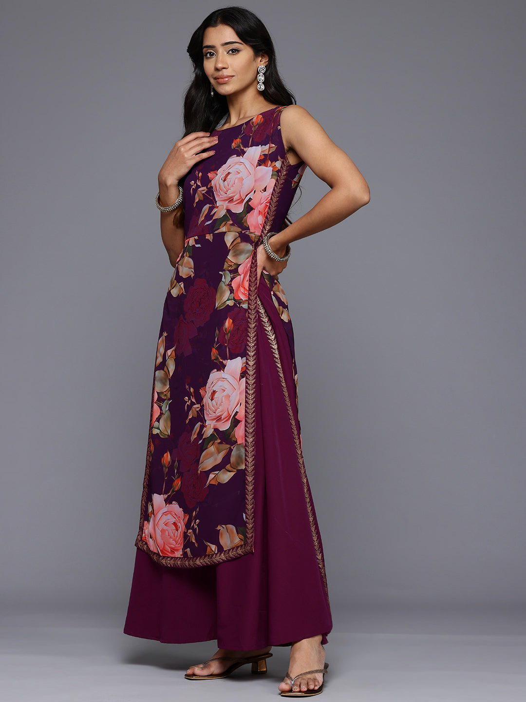 Floral Printed Boat Neck Layered Maxi Gown