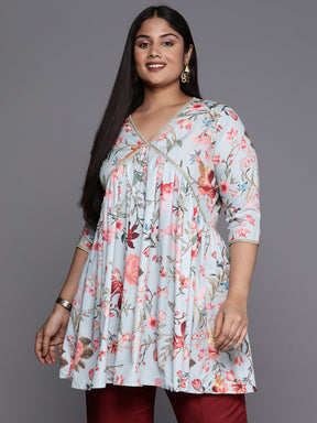 Sea Green & Pink Floral Printed Plus Size Tunic