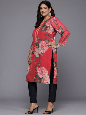 Plus Size Floral Printed Round Neck Straight Kurta