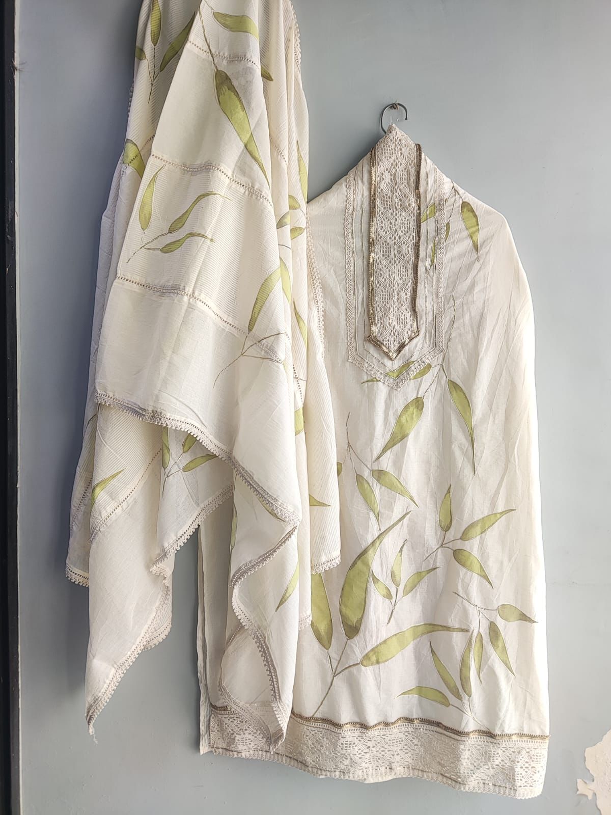 Cream White Lace Work Printed Pakistani Inspired Cotton Suit Set