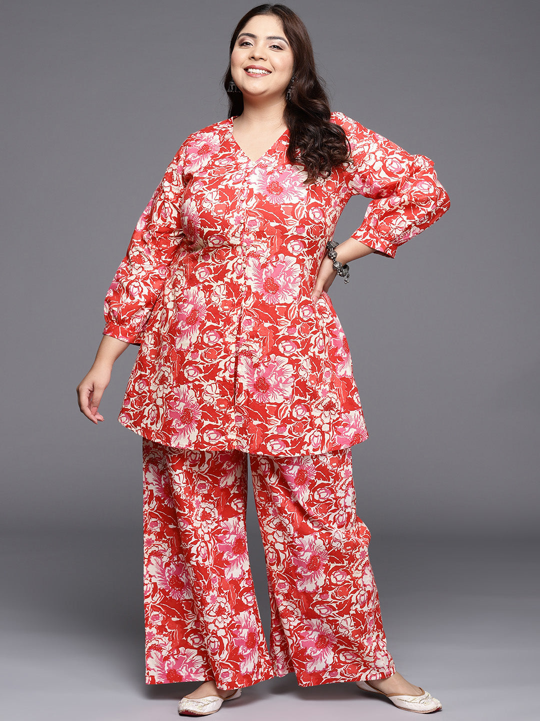 Red & White Printed Plus Size Pure Cotton Tunic with Palazzos