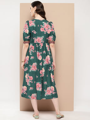 Green Floral Printed Empire Ethnic Dress