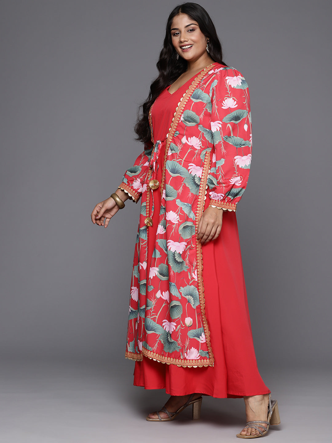 Red Plus Size Floral Printed Layered A-Line Maxi Dress