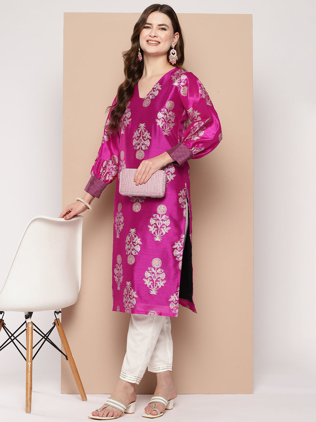 Pink & Gold Toned Block Print Kurta