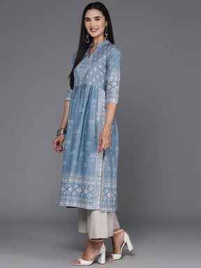 Blue & White Printed Pure Cotton Kurta