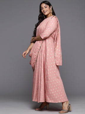 Pink Printed Plus Size A-Line Maxi Dress with Dupatta